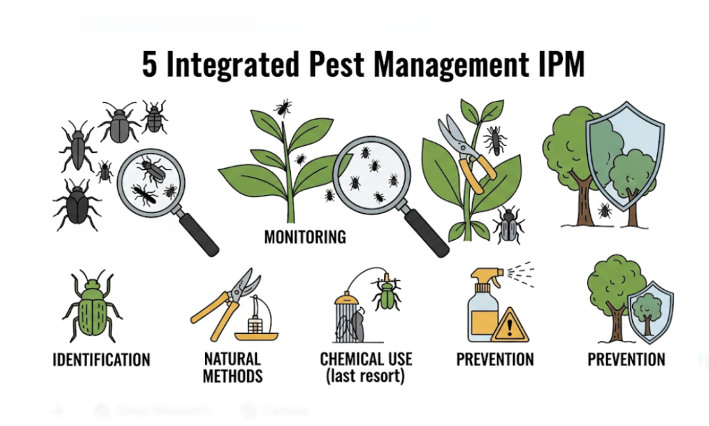 Integrated Pest Management steps infographic for eco-friendly tree pest control