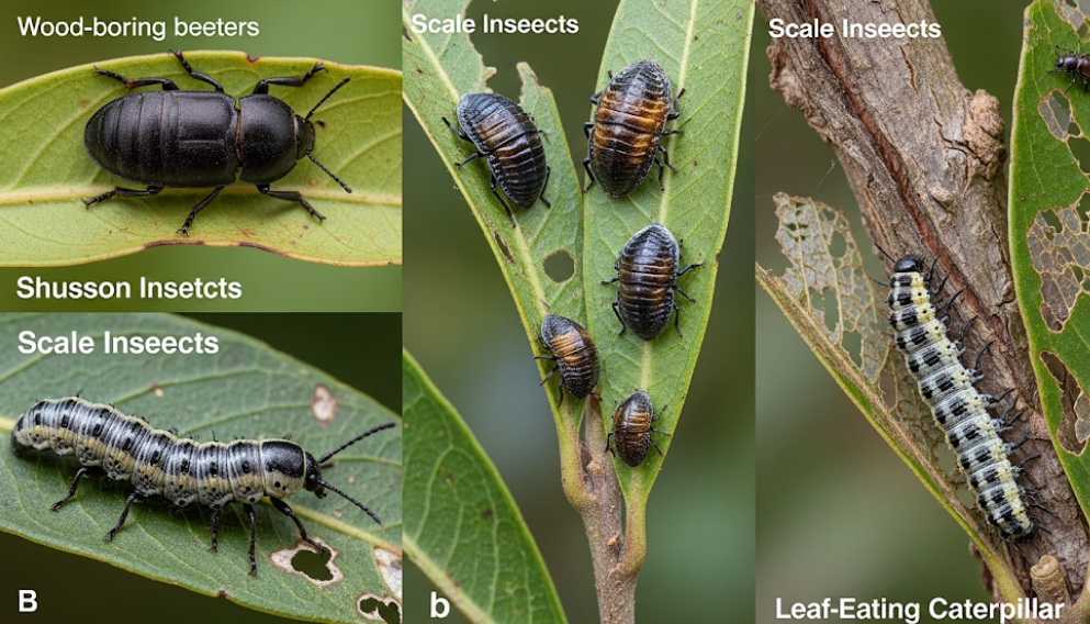 Close-up of common tree pests in Cairns including scale insects and leaf-eating caterpillars