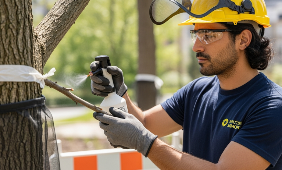 Certified arborist applying safe and minimal pesticide treatment on a tree in Cairns