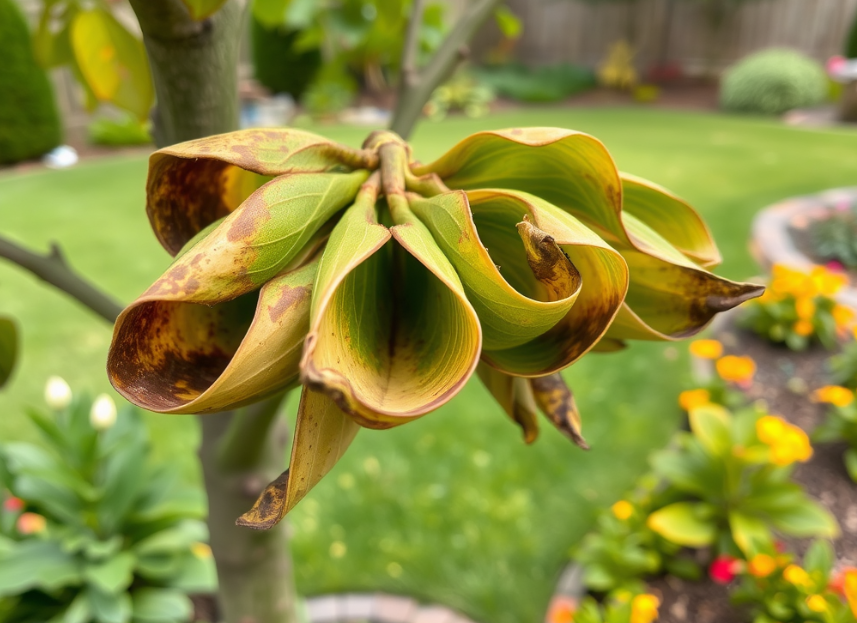 Curling tree leaves with brown tips caused by potassium and magnesium deficiency.