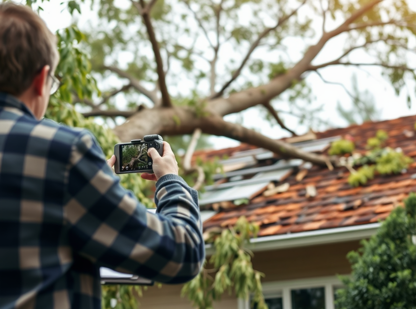 Homeowner documenting tree damage for insurance claim after storm.