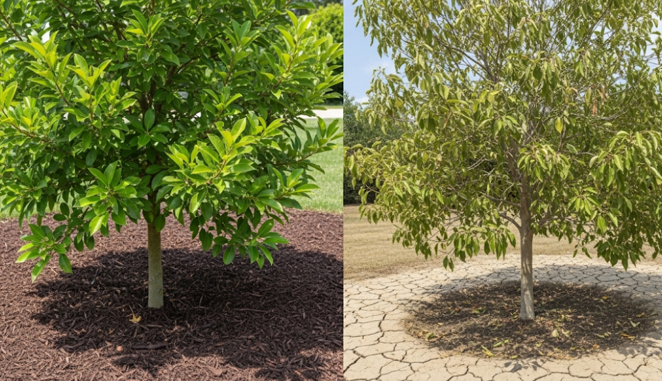 Comparison of two trees—one with mulch and healthy soil, the other with dry soil and no mulch.