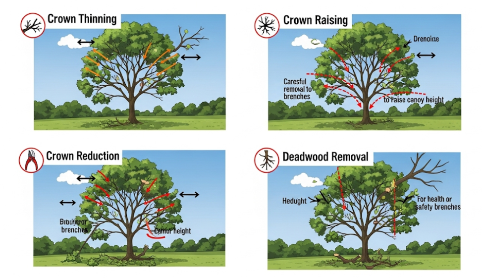 Diagram showing types of tree pruning like crown thinning, raising, and deadwood removal.