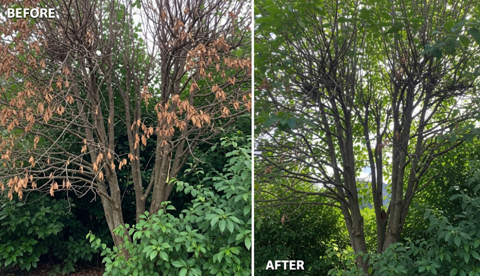 Side-by-side comparison of a tree before and after pruning, showing improved health and airflow.