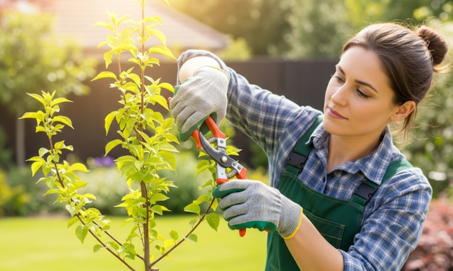 Homeowner pruning a young tree with hand pruners to guide proper growth.