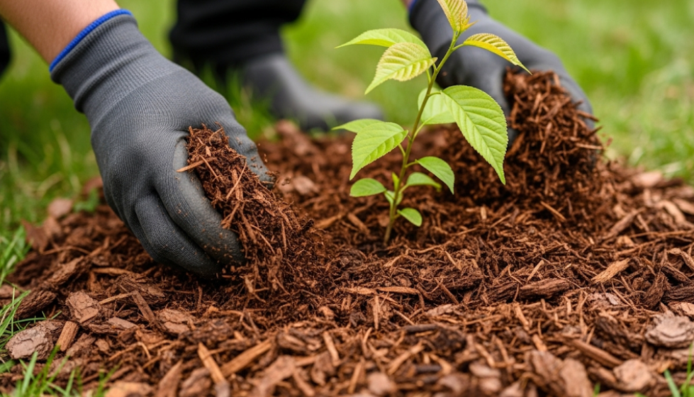 Hands spreading wood chip mulch around the base of a tree.
