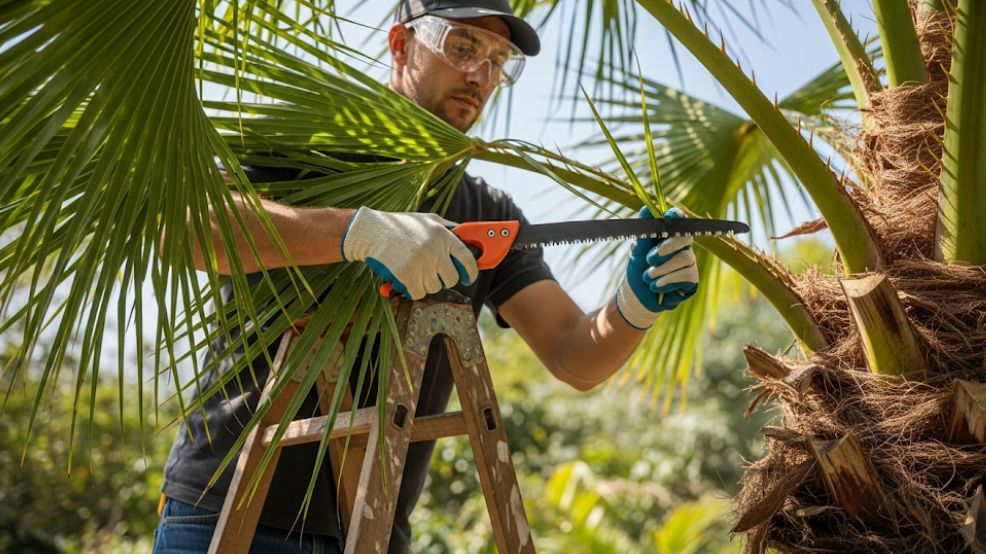 Cutting palm fronds with a pruning saw while wearing safety gear.