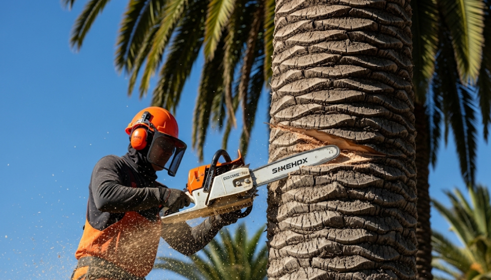 Chainsaw making a notch cut in a palm tree trunk to guide the fall direction.