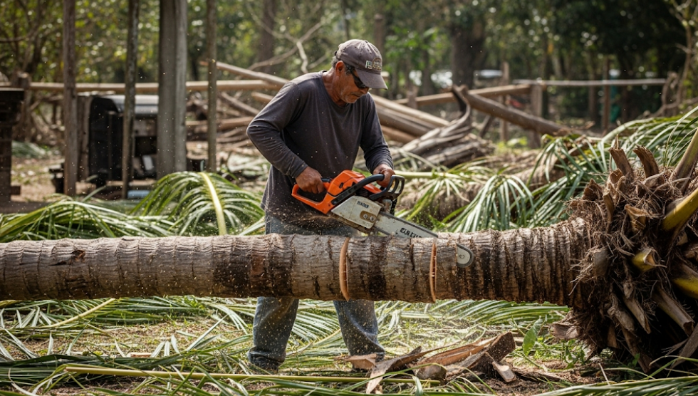 Palm tree trunk being cut into sections after the tree has been safely felled.