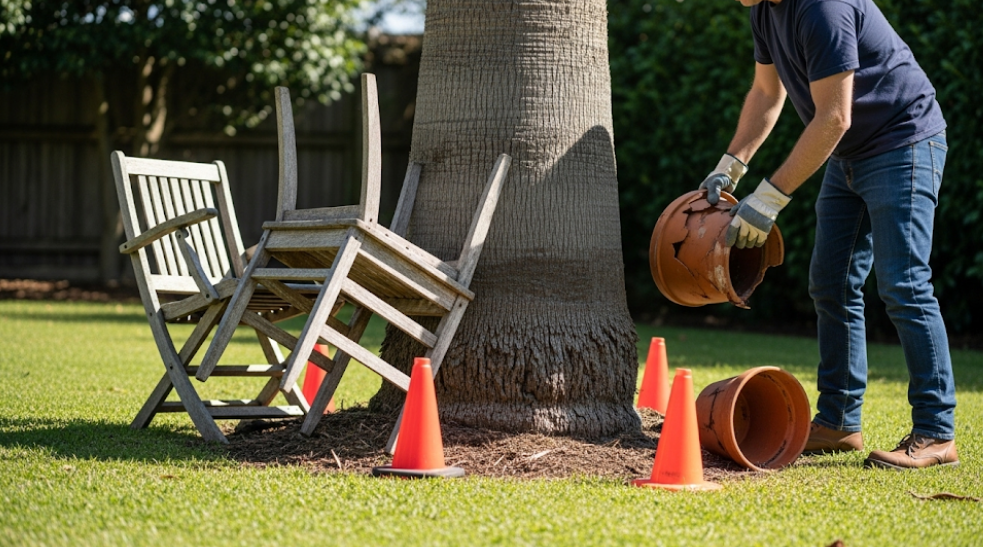 Clearing the area around a palm tree and placing safety cones before tree removal.