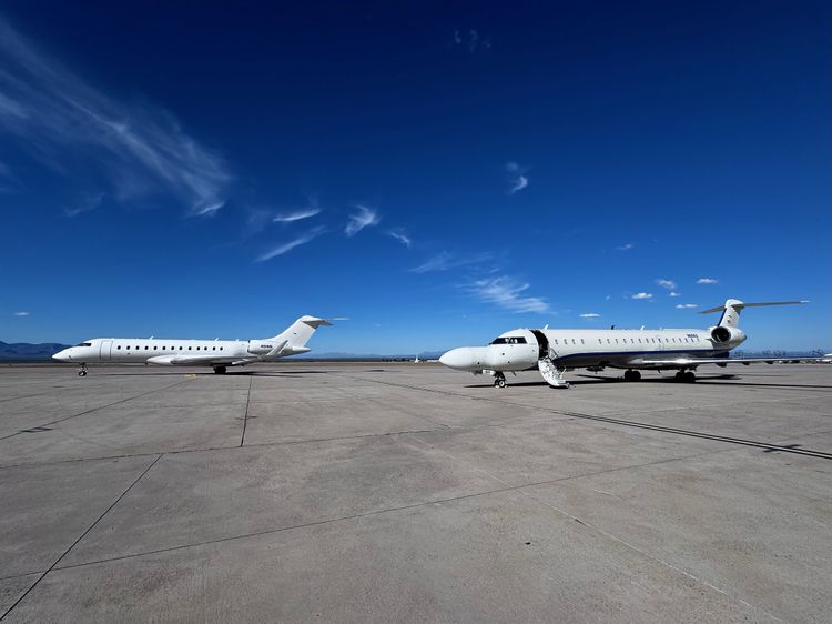 The Northrop Grumman DSaT jet is shown on the right, next to a US Army Global 6500 Jet Trainer