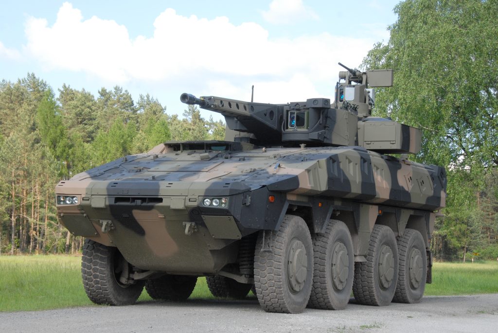The Boxer as presented to Australia fitted with a mockup of Rheinmetall's StrikeShield active protection system. Credit: By Graham Robson-Parker - Own work, CC BY-SA 4.0, https://commons.wikimedia.org/w/index.php?curid=50055652