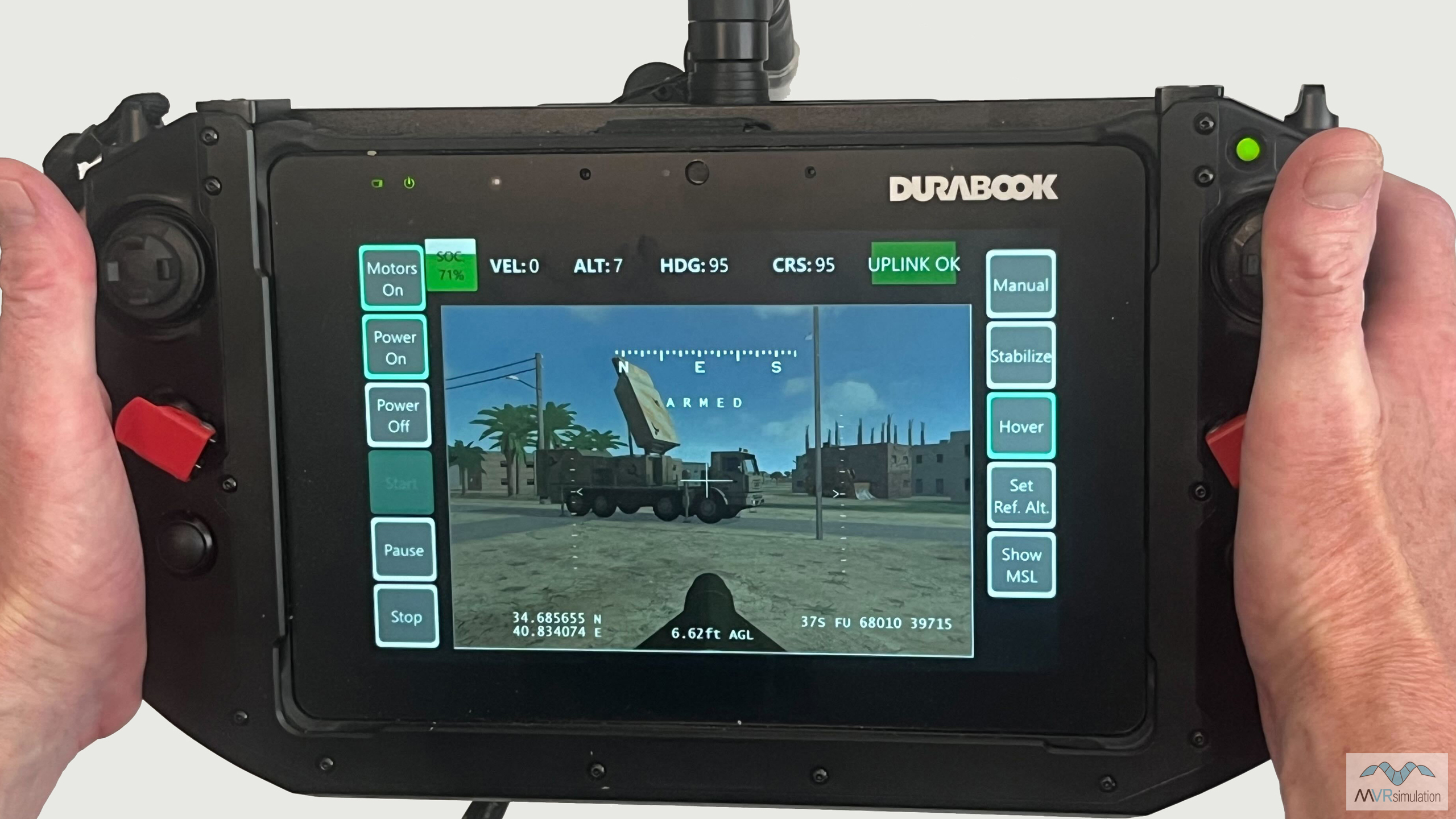 A Durabook controller in use to control the FPV in MVRSimulation's FPV simulator.