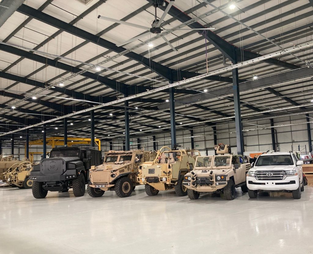 Mastiff, Jackal, Foxhound and other armoured vehicles at the new NP Aerospace facility in Coventry.
