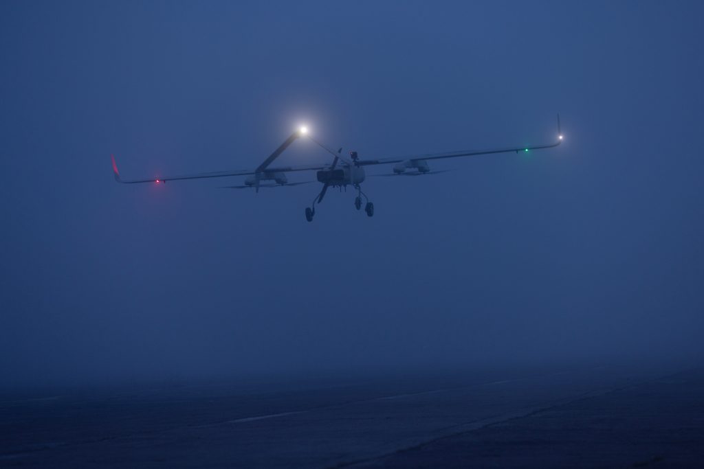 A PD-2 VTOL UAS from Ukrspecsystems takes off in heavy fog.