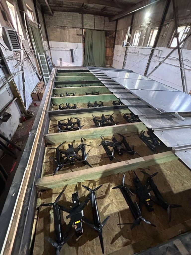 Drones arranged in the roof of a shed for Operation Spiderweb.