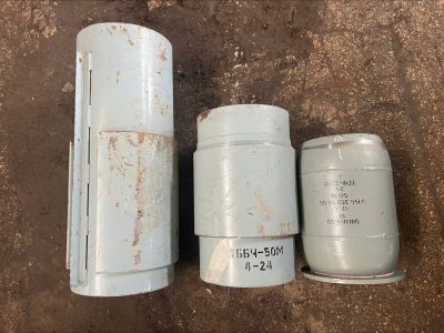 Shahed munitions from Ukraine. The left hand munition is in the 90 kg class, the right two are 50 kg. Credit: National Police of Ukraine.