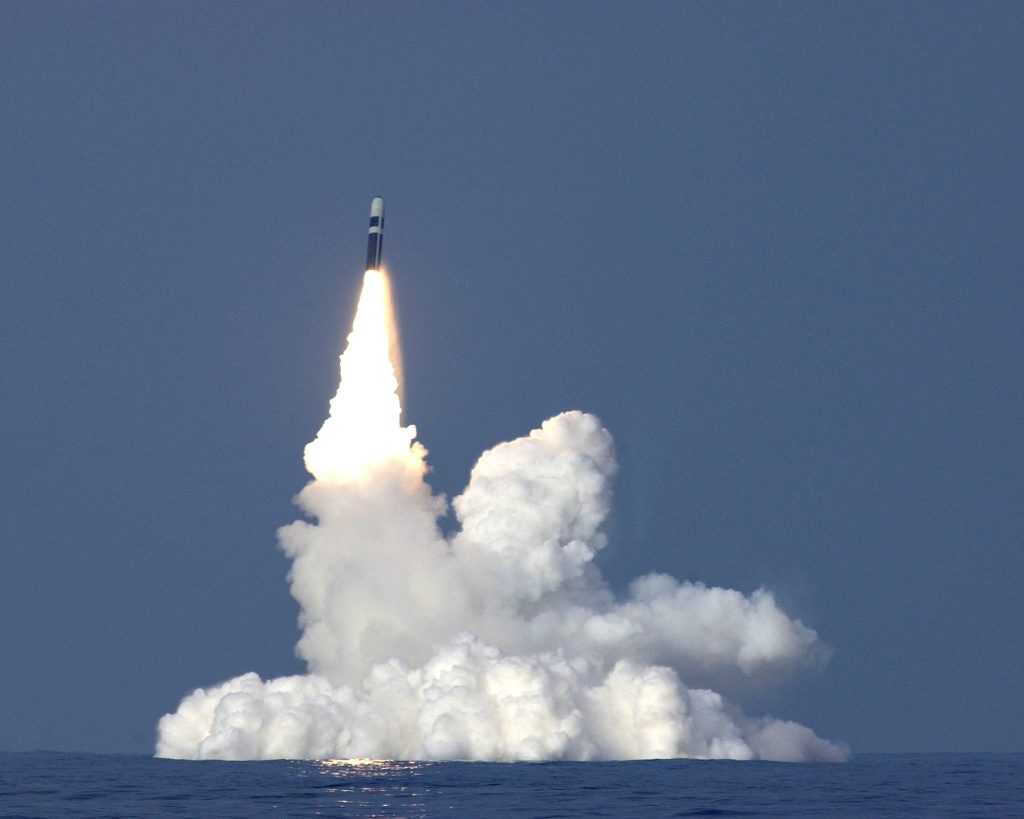 A Trident II D5 missile fired from a British Vanguard-class submarine. 