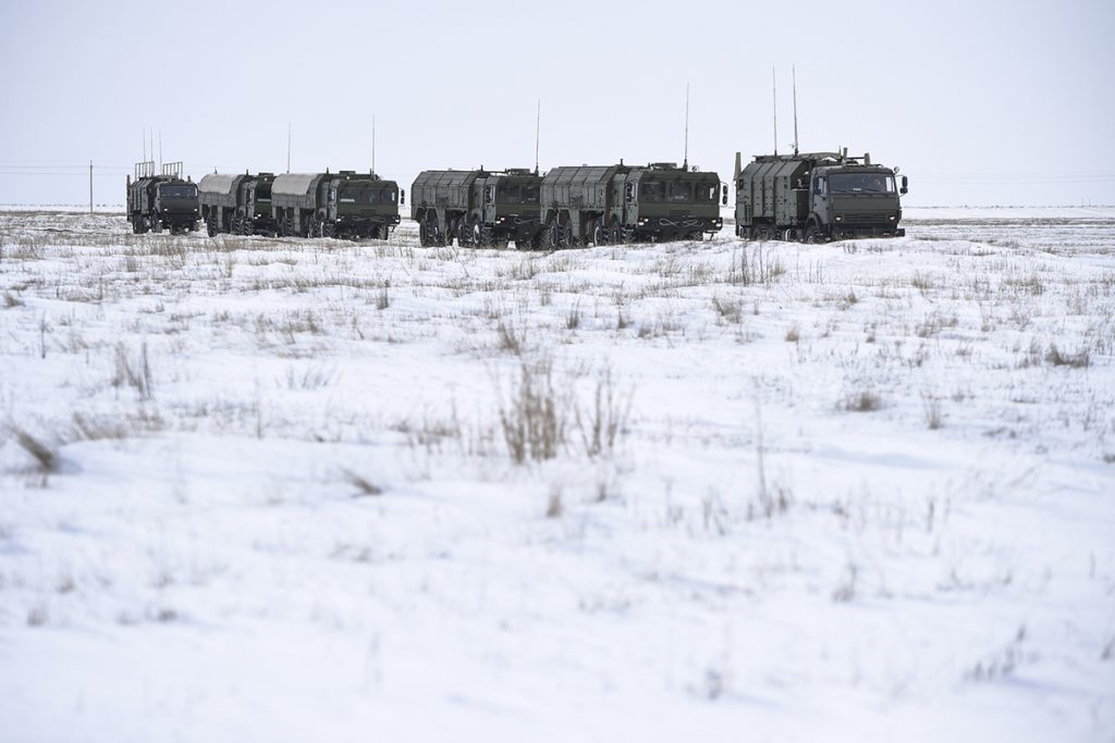 An Iskander ballistic missile battery moving into position to fire its missiles.