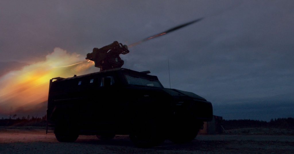 An RBS 70 MSHORAD vehicle during a missile launch.