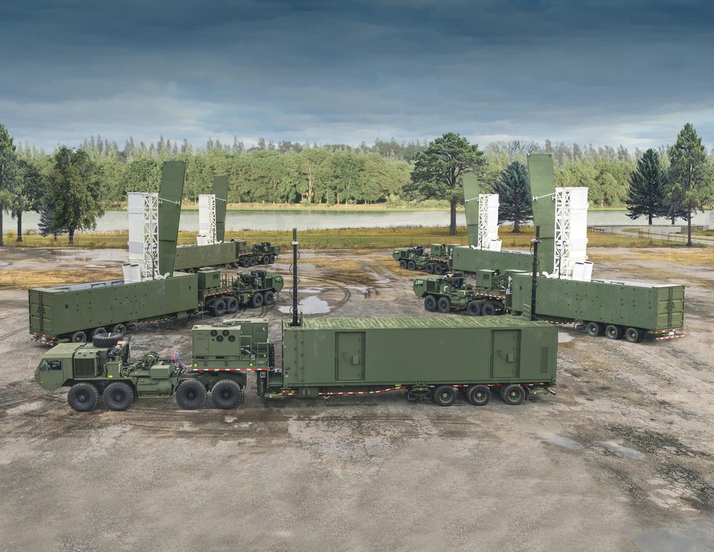 a battery of Typhon launchers with their launch cells elevated.