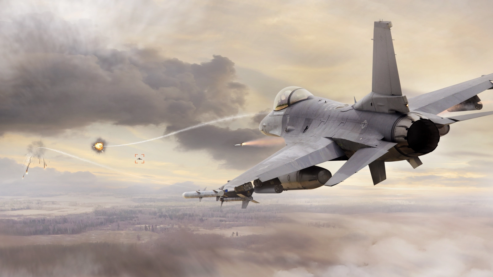 Artist's picture of an F-16 using APKWS rockets to intercept drones.