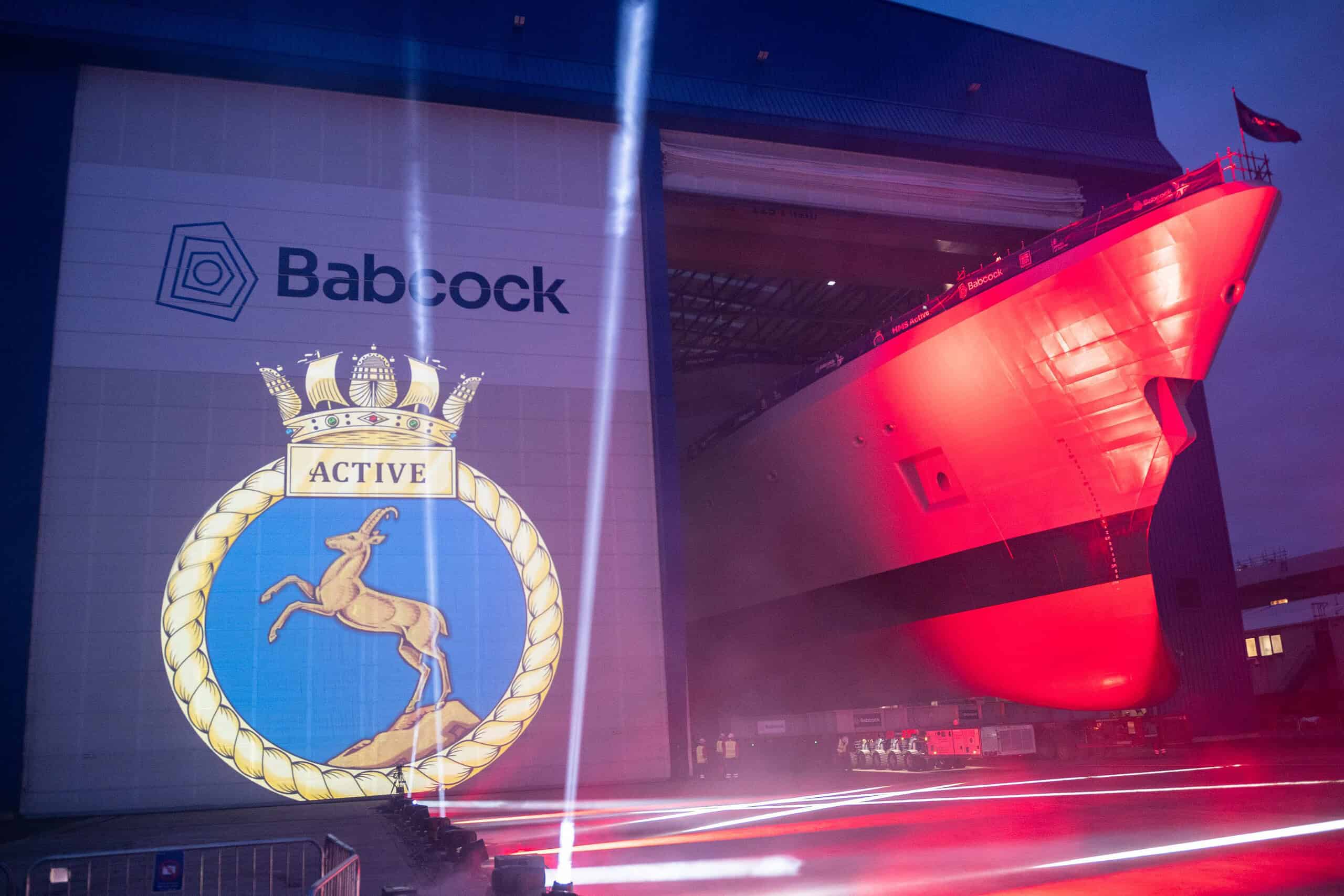 HMS Active, the third Type 31 frigate rolls out from the assembly hall.