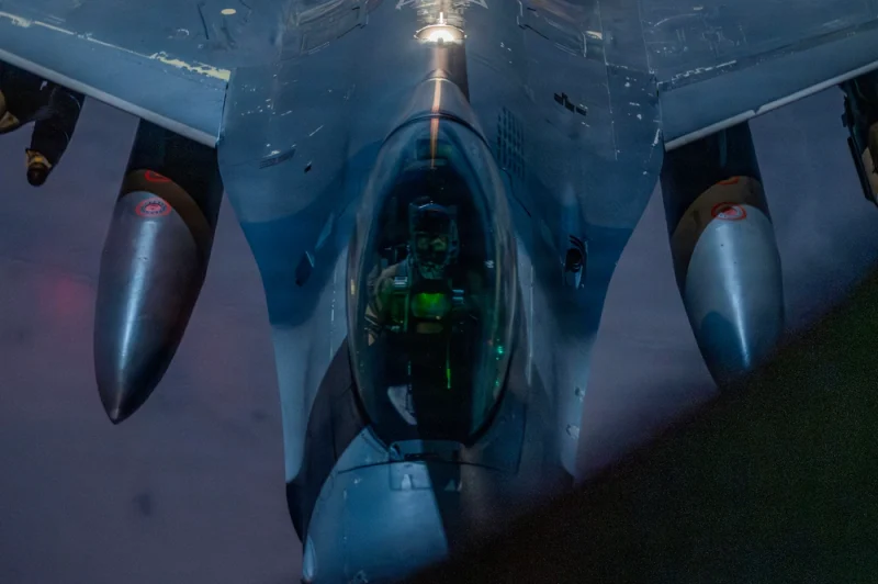 An F-16 refuels mid-air during Operation Epic Fury. 