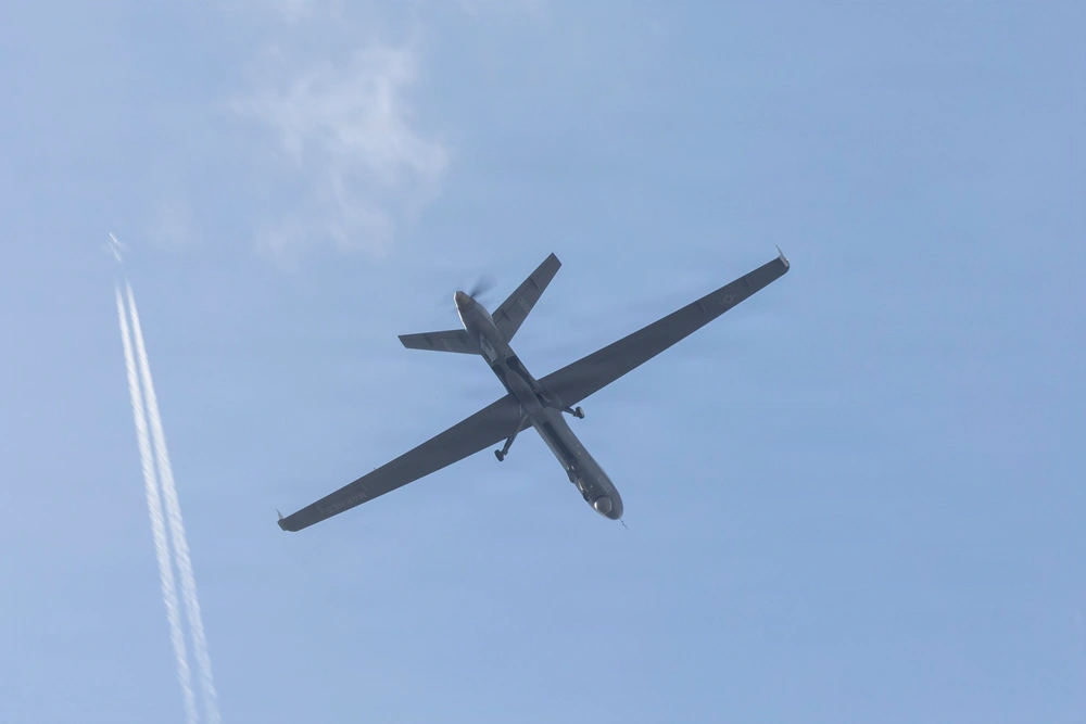An MQ-9A Reaper preparing to land at a US Marine Corps base.