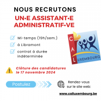 Le Centre d’Action Laïque recherche un∙e assistant∙e administratif∙ve mi-temps (19h/sem.) pour son siège à Libramont.