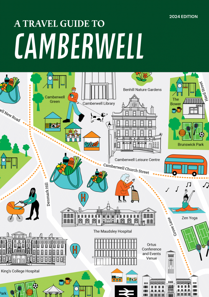 Cover of the 2024 Travel Guide to Camberwell with an illustrated map of the centre of Camberwell.