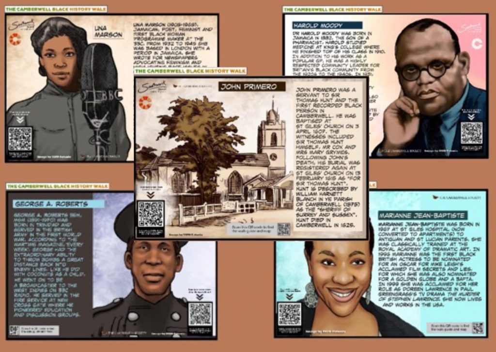 A collage of illustrations of people who are featured in the Camberwell Black History Walk.