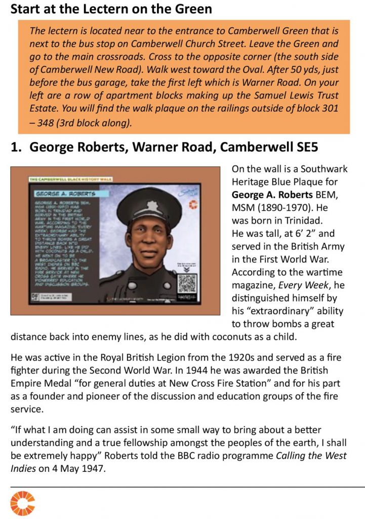 Illustration and text about George Roberts from Warner Rd, SE5.