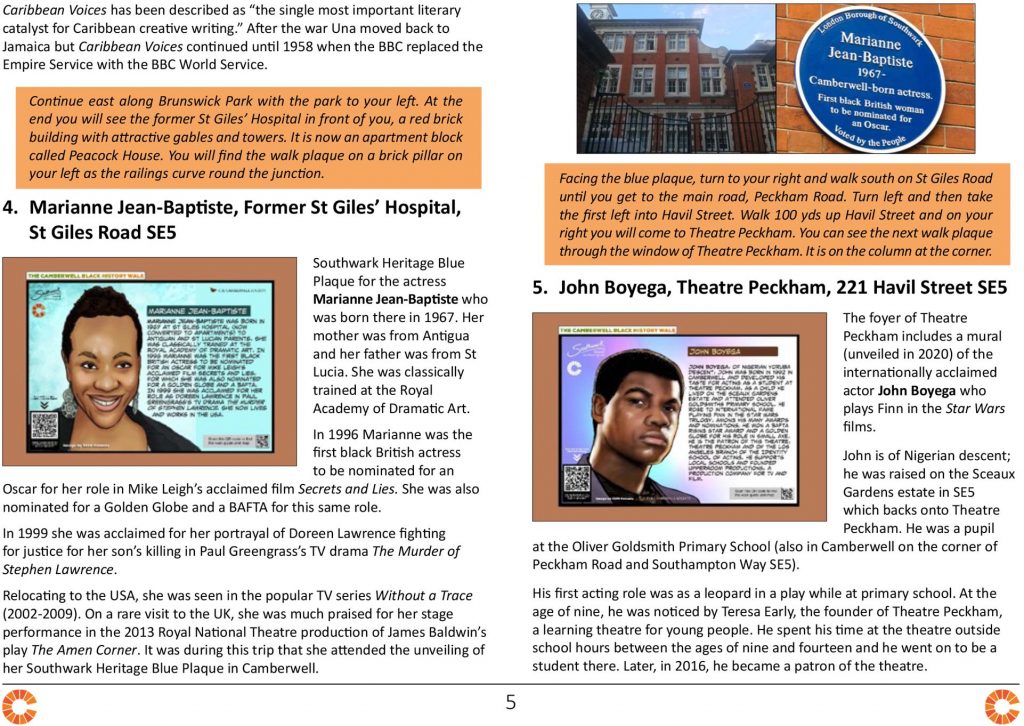 Two pages form the Camberwell Black History Walk showing information about John Boyega and Marianne Jean-Baptiste.