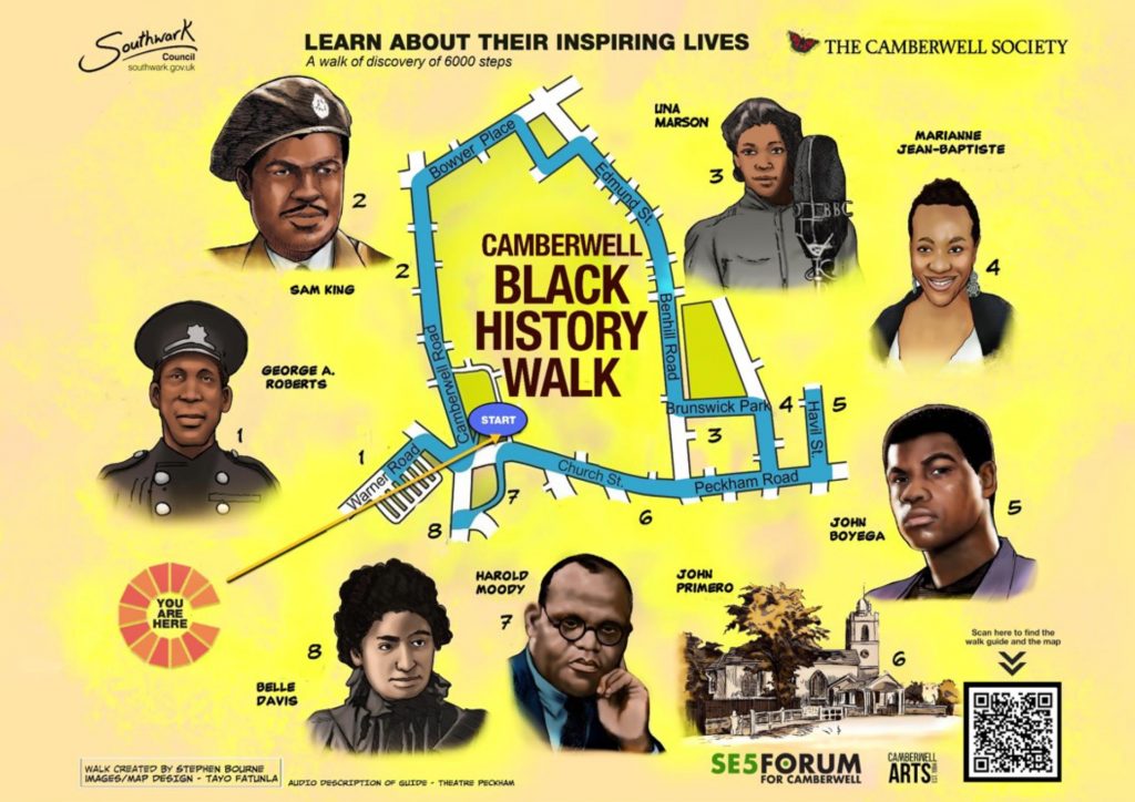 An illustrated map of the Camberwell Black History Walk.