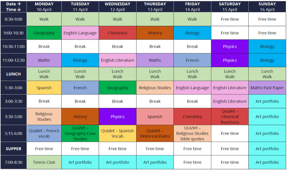 Example timetable Oxford Tutors Study Skills