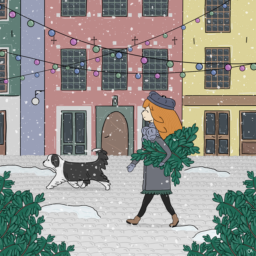 Digital illustration of a girl walking with her dog in Stockholm during winter