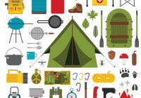 Die richtige Trekking Ausrüstung. Vektorsymbole für Camping und Wandern.