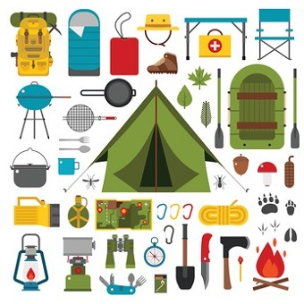 Die richtige Trekking Ausrüstung. Vektorsymbole für Camping und Wandern.
