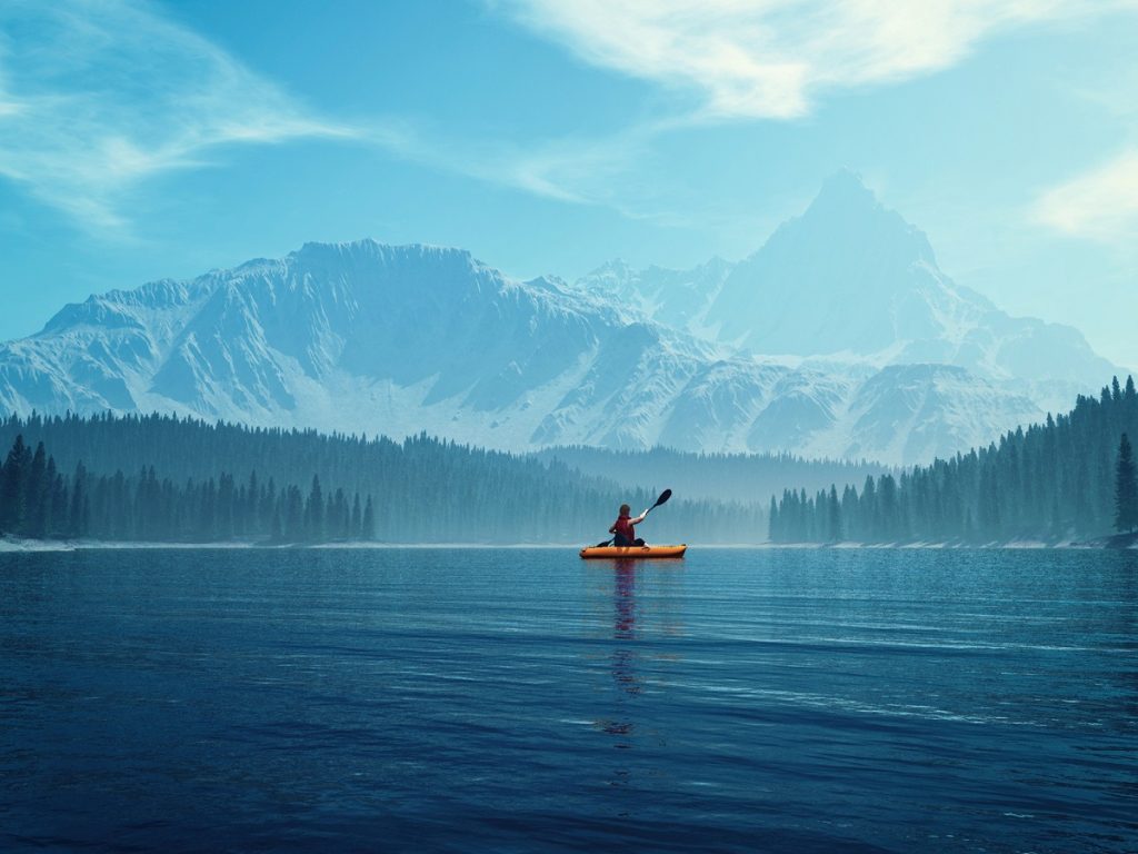 Kanu fahren. Man mit einem Kanu auf einem See.