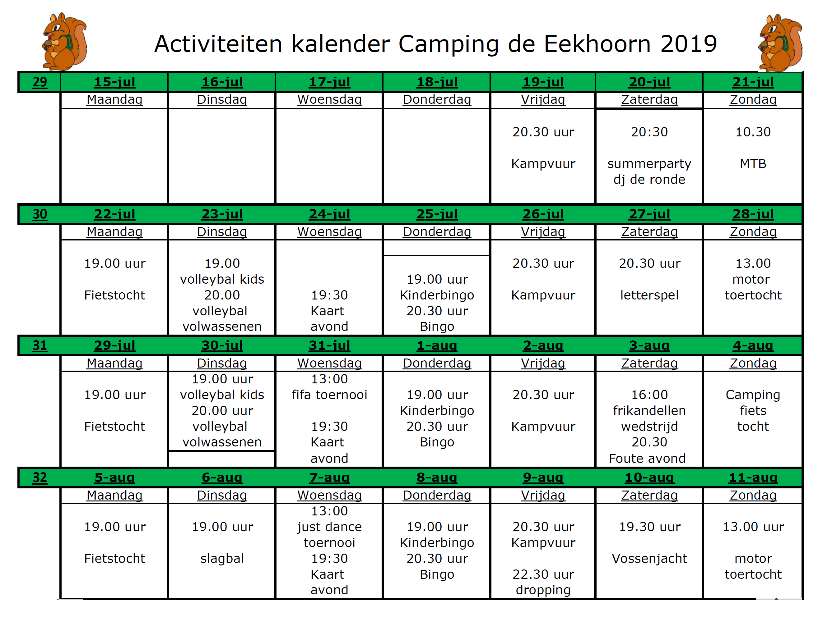 Activiteitenkalender juli en augustus - Camping de Eekhoorn