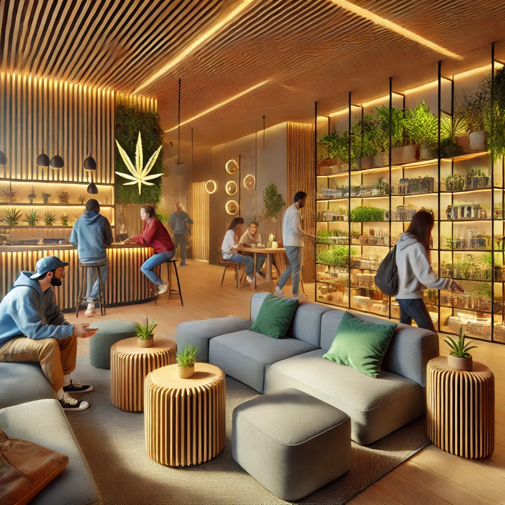 Interior of a modern cannabis social club in Spain featuring a cozy lounge, eco-friendly decor, and members enjoying a vibrant community atmosphere.