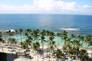 A Jamaican beach with palm trees.