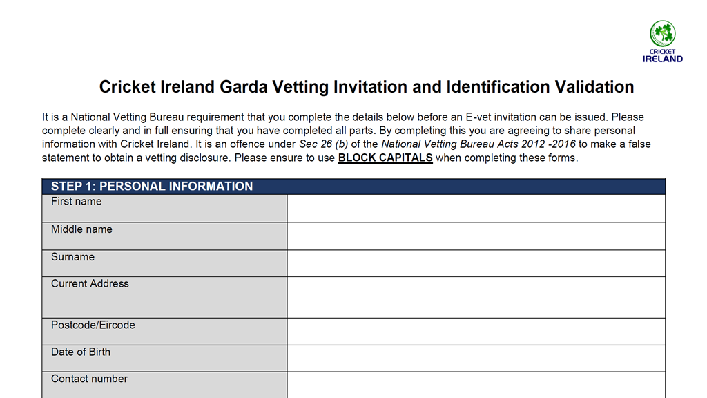 Cricket Ireland Garda Vetting Invitation and ...