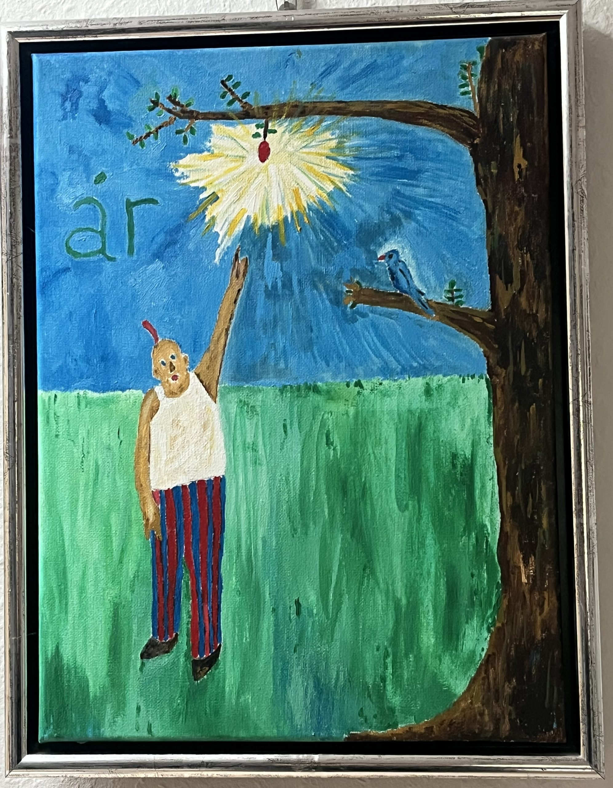 A child with a white shirt and red-and-blue striped pants raises an arm toward a bright sun in a blue sky, with a bird on a branch and a tall tree on the right; a green field beneath.