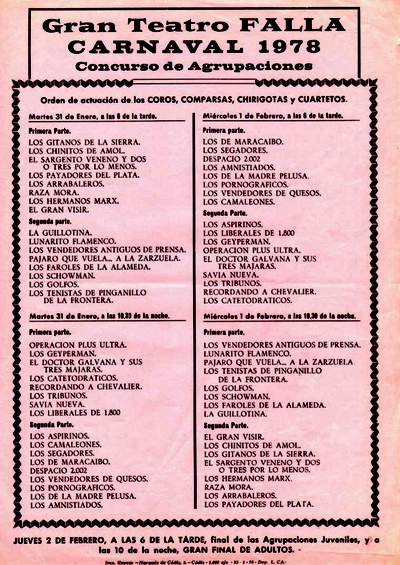 Orden de actuación del COAC del Gran Teatro Falla 1978