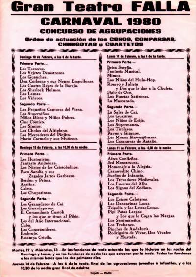 Orden de Actuación del COAC del Gran Teatro Falla 1980