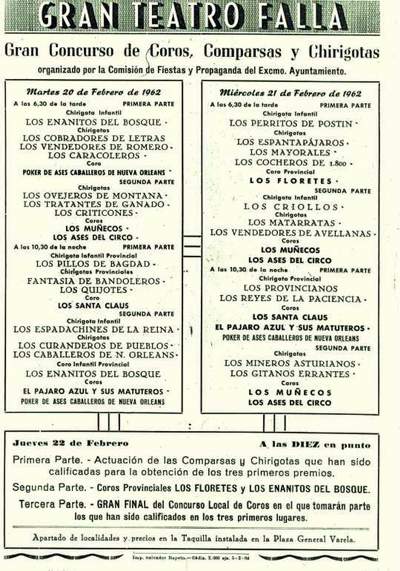 Orden de Actuación del COAC del Gran Teatro Falla - 1962.