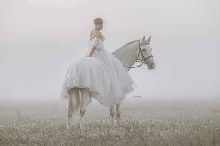Braut mit Pferd im Nebel beim After Wedding Shooting
