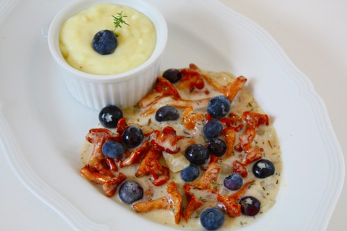 Blaubeer Pfifferlinge Ragout Kokos Kartoffel Püree